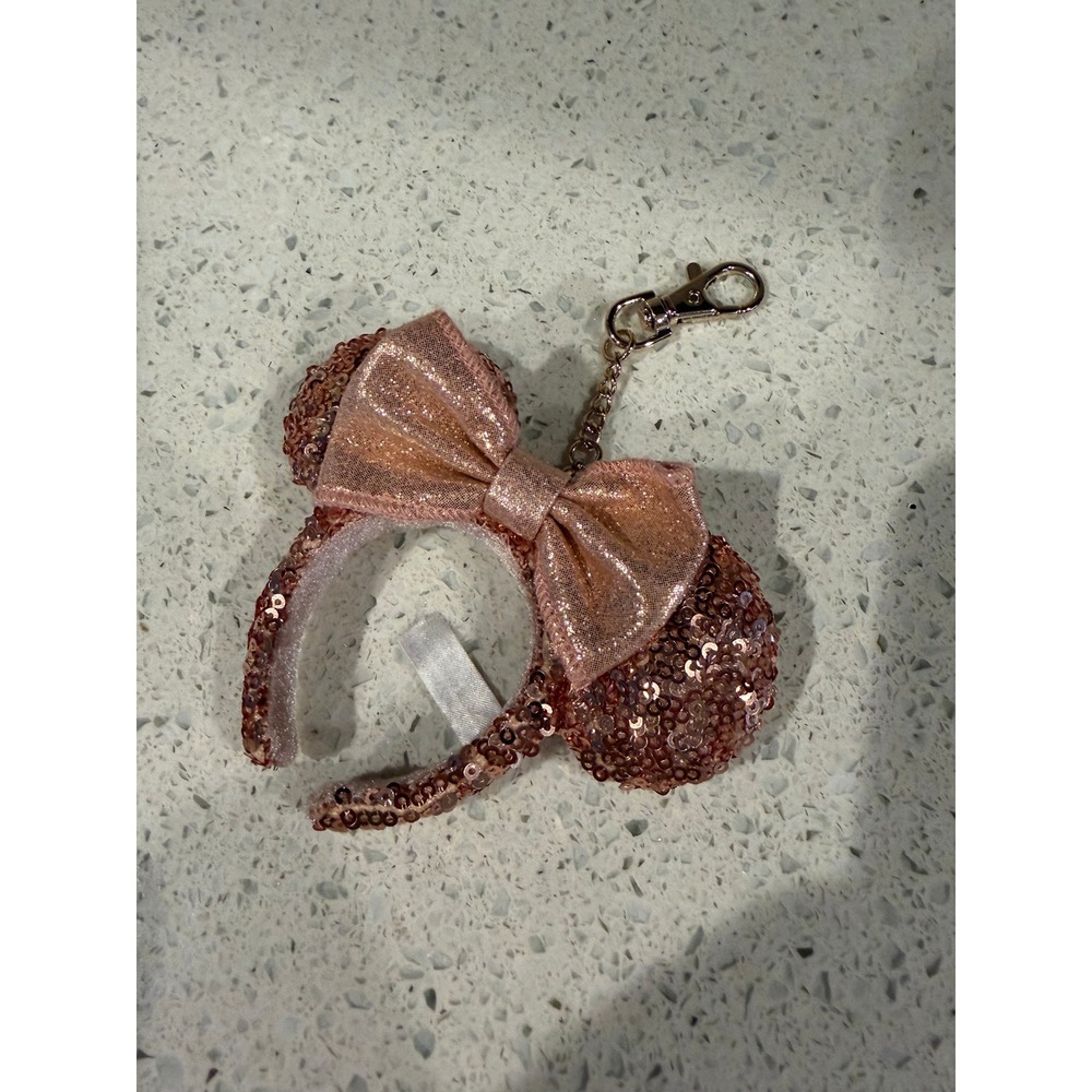 2026 Disney Parks Minnie Mouse Mini Rose Gold Sequin Ear Headband Keychain
